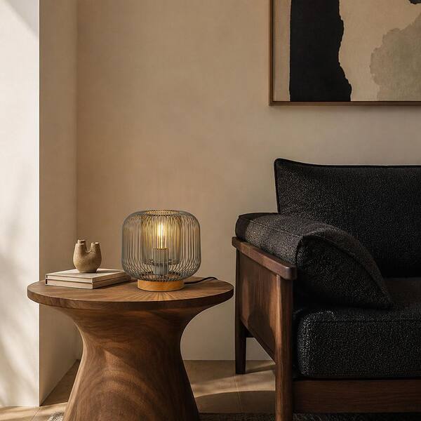 7.7 in. Rubbewrood Modern Lantern Table Lamp for Living Room with Black Metal Shade