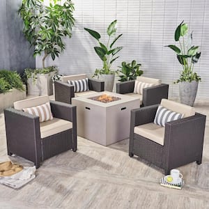 Maxwell Dark Brown 5-Piece Faux Rattan Patio Fire Pit Conversation Set with Beige Cushions