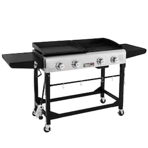 4-Burners Portable Propane Gas Grill and Griddle Combo Grills in Black with Side Tables
