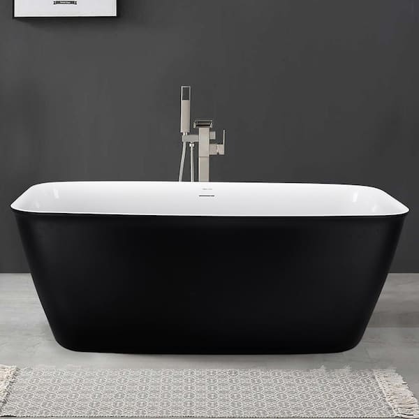 MYCASS 59 in. x 28.74 in. Acrylic Flatbottom Soaking Freestanding Bathtub with Center Drain and Overflow in Matte Black