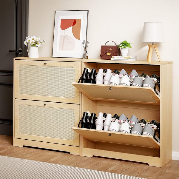 WARMTOBABY 3 Tier Shoe Cabinet With Natural Rattan Flip Drawers, Free Standing Shoe Storage Organizer With Adjustable Shelves