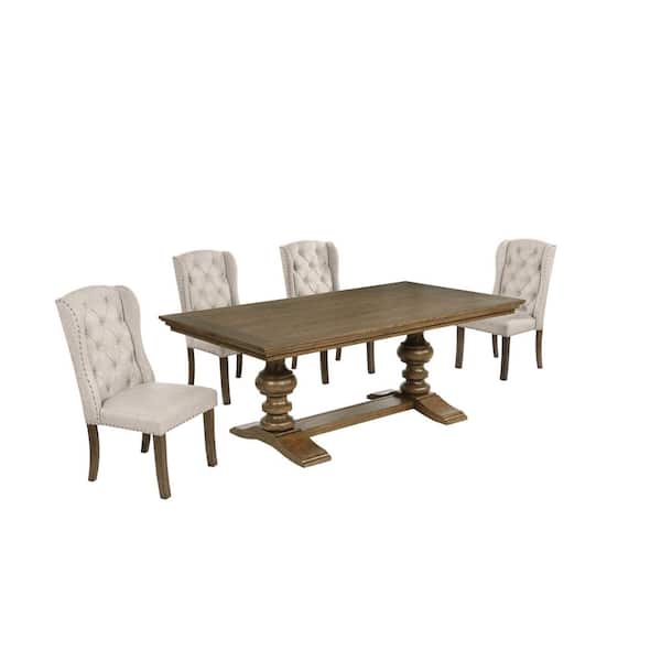 Best Quality Furniture Salama 5-Piece Rectangle Brown Oak Color Wood Top Dining Set With 4 Beige Linen Fabric Wing Chairs