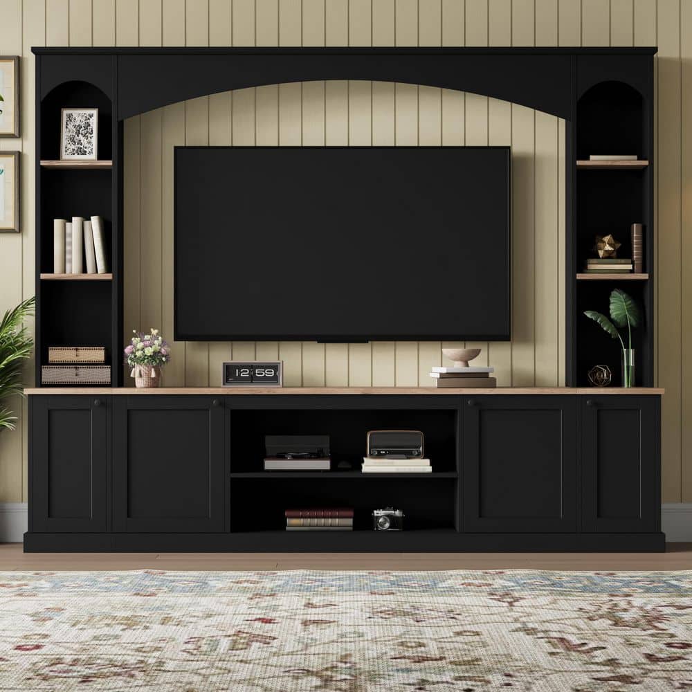 Black TV Stand Fits TV's up to 70 with Bookshelf,,Adjustable Shelves for Living Room