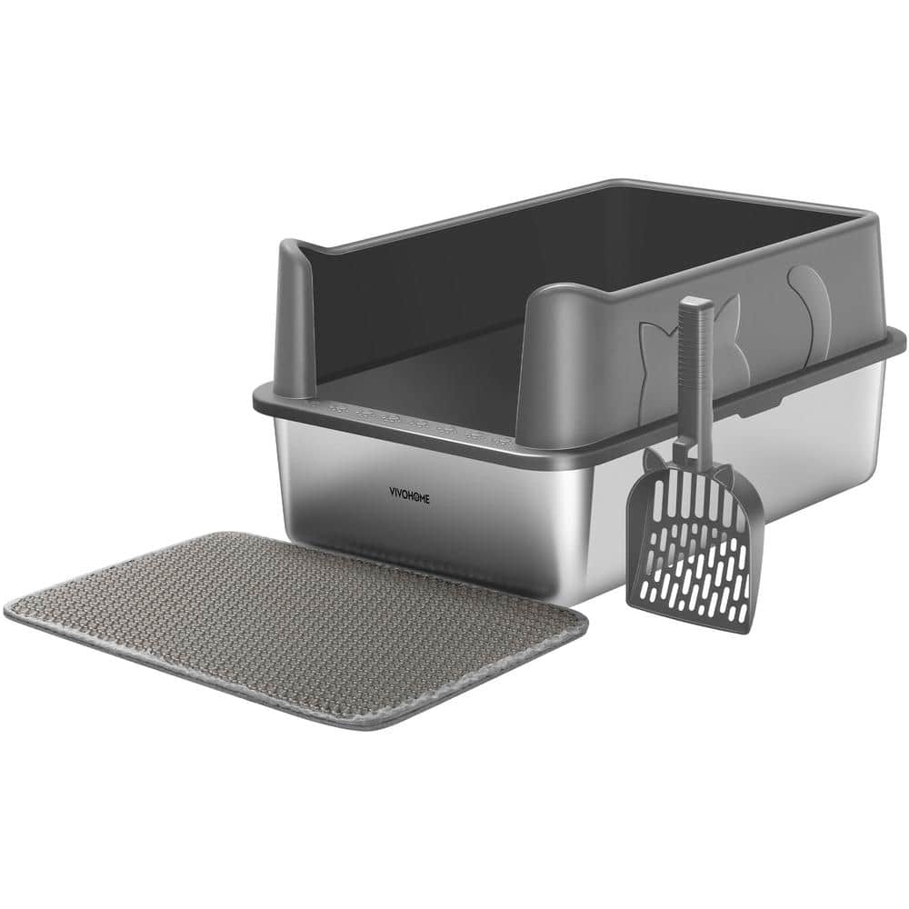 VIVOHOME Extra Large Stainless Steel Cat Litter Box with Lid, Litter Mat and Scoop in Dark Gray
