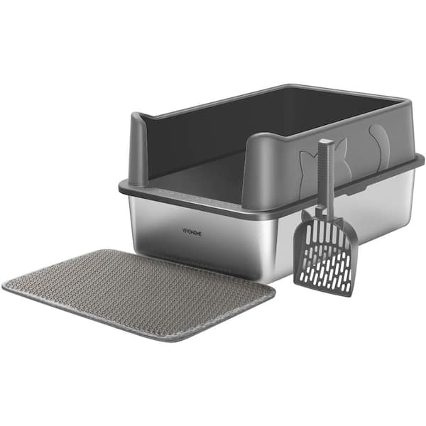 VIVOHOME Extra Large Stainless Steel Cat Litter Box with Lid, Litter Mat and Scoop in Dark Gray