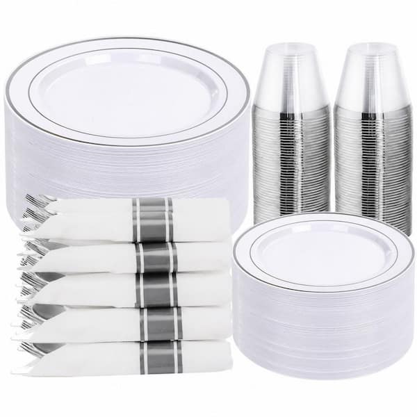 350-Piece Silver Disposable Plastic Dinnerware Set Service for 50 Guests, Fancy Plates for Wedding and Party