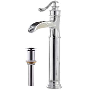 Waterfall Single Hole Single Handle Bathroom Vessel Sink Faucet With Pop-up Drain Assembly in Polished Chrome