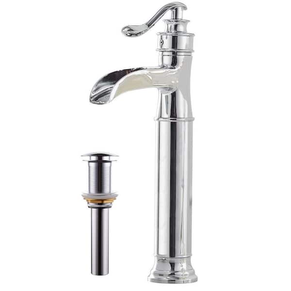 HOMEMYSTIQUE Single Handle Waterfall Vessel Sink Faucet with Drain Kit Included in Polished Chrome