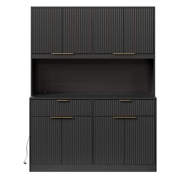 Black Wood Pantry Organizer, Modern Multi-Functional Cabinet with Power Outlet, Hollow Open Countertop