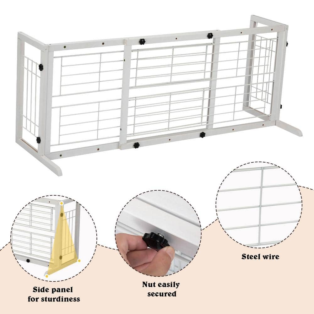 Adjustable White Pine Freestanding Dog Gate with Wire Mesh