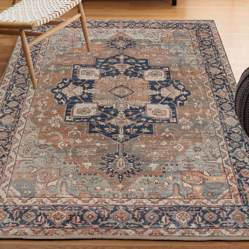 Maris Ornate Medallion Machine-Washable Beige and Blue Chenille Area Rug