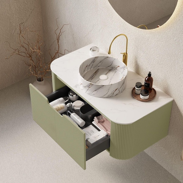 36 in. Single Sink Wall Mounted Light Green Bath Vanity with White Stone Top and Drawer Storage Cabinet Assembled