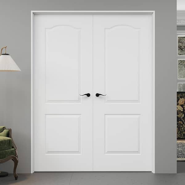 60 in. x 80 in. 2-Panel Round Top Universal-Hand Painted Solid Core Wood Double Prehung French Door+ Quick Assemble Jamb