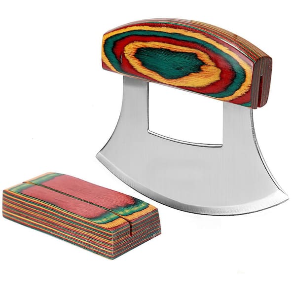 Natural Wood Handle Ulu Knife Pizza Cutter with Holder Base