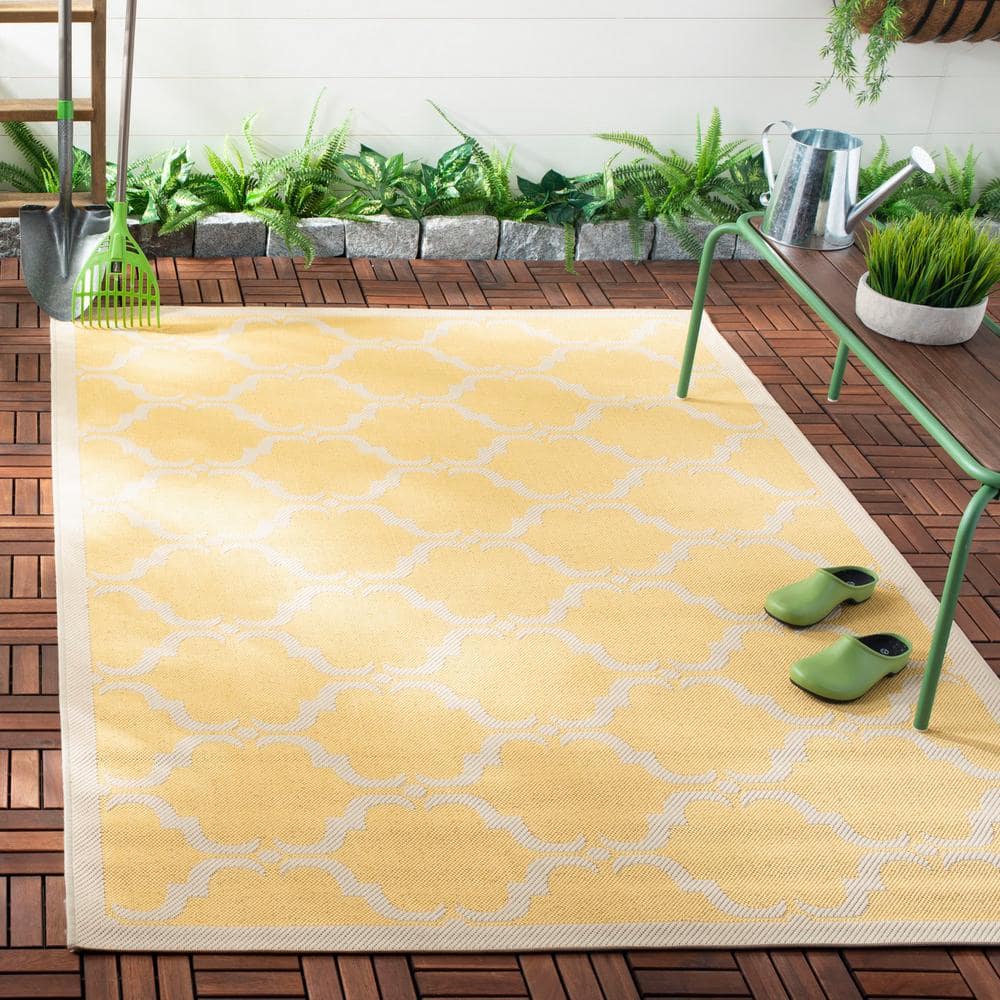 47" Square Yellow Beige Stain-Resistant Synthetic Rug