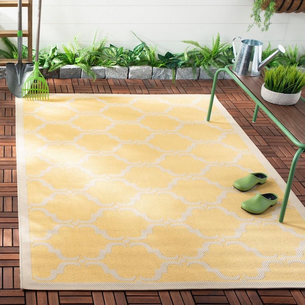 Courtyard Yellow/Beige 4 ft. x 4 ft. Border Trellis Indoor/Outdoor Patio  Square Area Rug