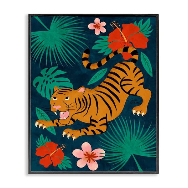 Stupell Industries Crouching Tiger Tropics by Carrie Cantwell Black Framed Animal Giclee Art Print 20 in. x 16 in.