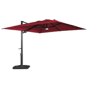 10 ft. Aluminum Cantilever Outdoor Patio Umbrella Bluetooth Atmosphere Lights 360-Degree Rotation in Red with Base