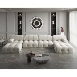 138.5 in. Straight Arm 6-Piece Velvet U-Shaped Modular Sectional Sofa with Ottoman in Beige