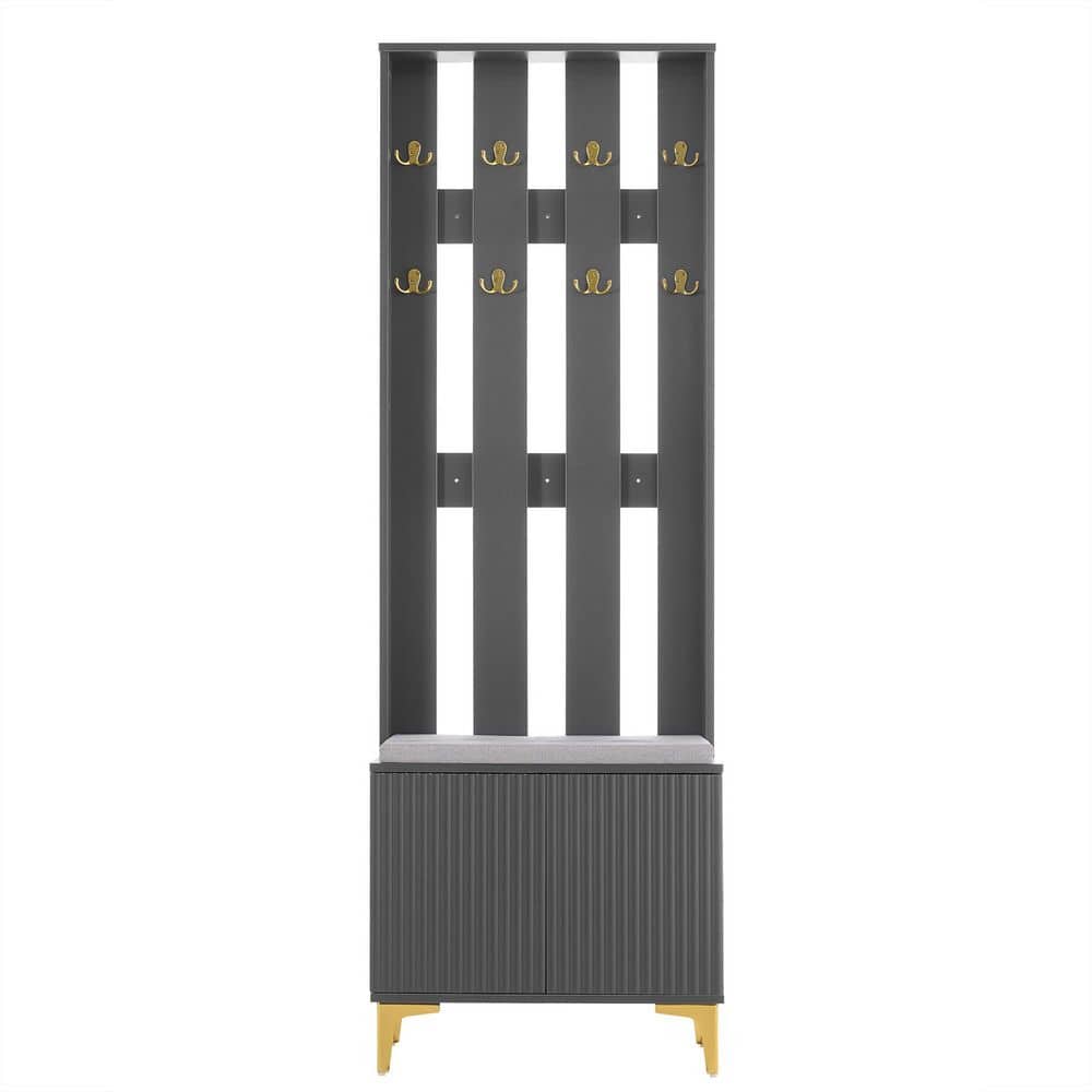 23.6 in. W x 13.7 in. D x 70.8 in. H Gray Wood Hall Tree with Cushion and 8