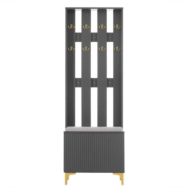 Unbranded 23.6 in. W x 13.7 in. D x 70.8 in. H Gray Wood Hall Tree with Cushion and 8 Gold Hooks for Entryways Hallways