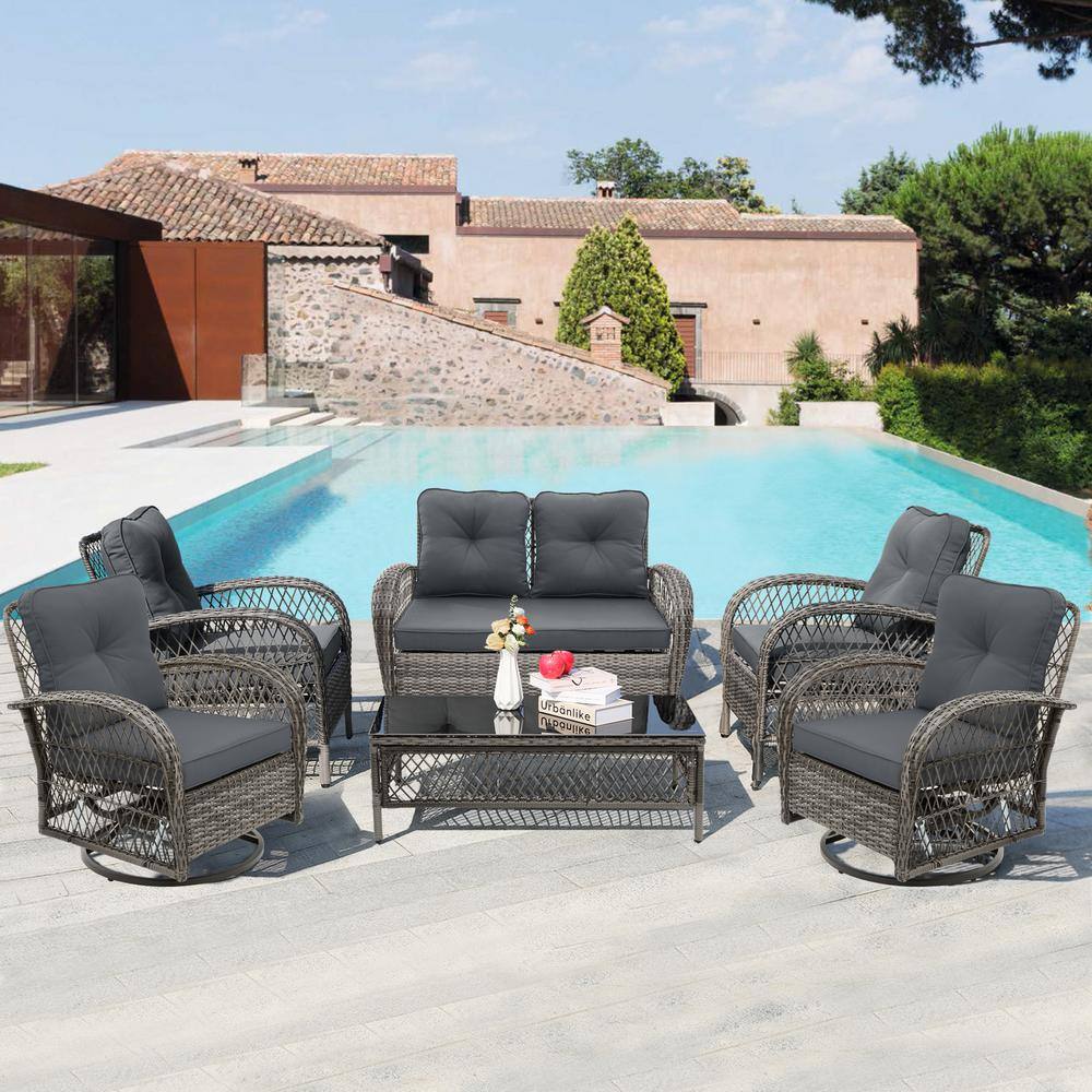 6-Piece Wicker Patio Conversation Set Deep Seating Chair Set with Swivel Rocking Chairs and Gray Cushions price history on PriceWatchPro