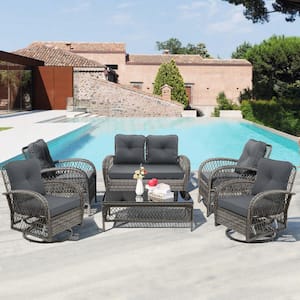 6-Piece Wicker Patio Conversation Set Deep Seating Chair Set with Swivel Rocking Chairs and Gray Cushions