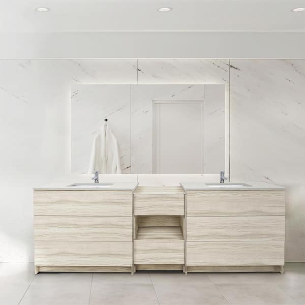 Ella Element 92 in. W x 22 in. D x 35 in. H Double Sink Bath Vanity in Light Oak with Galaxy White Quartz Top Single Hole