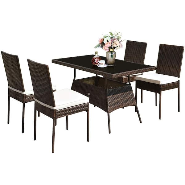 Alpulon Brown 5-Piece Wicker Outdoor Dining Set with Glass Table and Beige Cushions