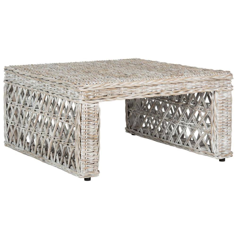 White Wash Wicker and Mahogany Square Coffee Table