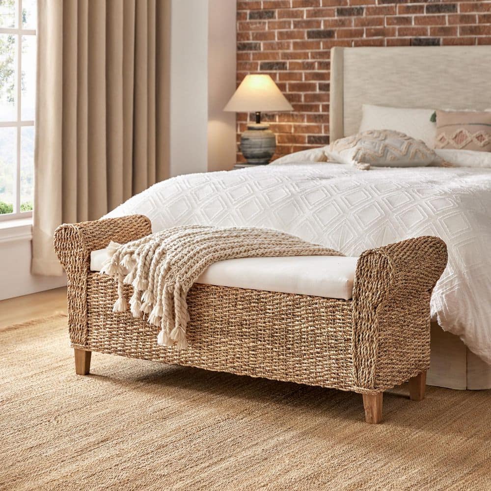 August 56 in. W Boho Flip Top Storage Rattan Entryway Bench with Solid Wood Legs and Roll Arms-Natural - thumbnail 8