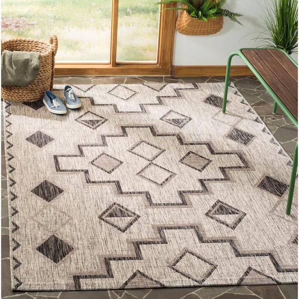 Courtyard Gray/Black 9 ft. x 12 ft. Geometric Indoor/Outdoor Patio  Area Rug