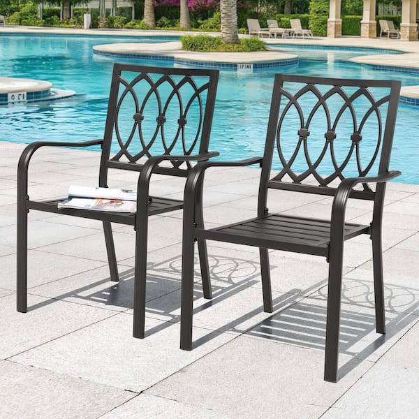 Black Iron Outdoor Dining Chairs with Curved Armrests and Ventilated Slatted Seat Design (2-Pack)