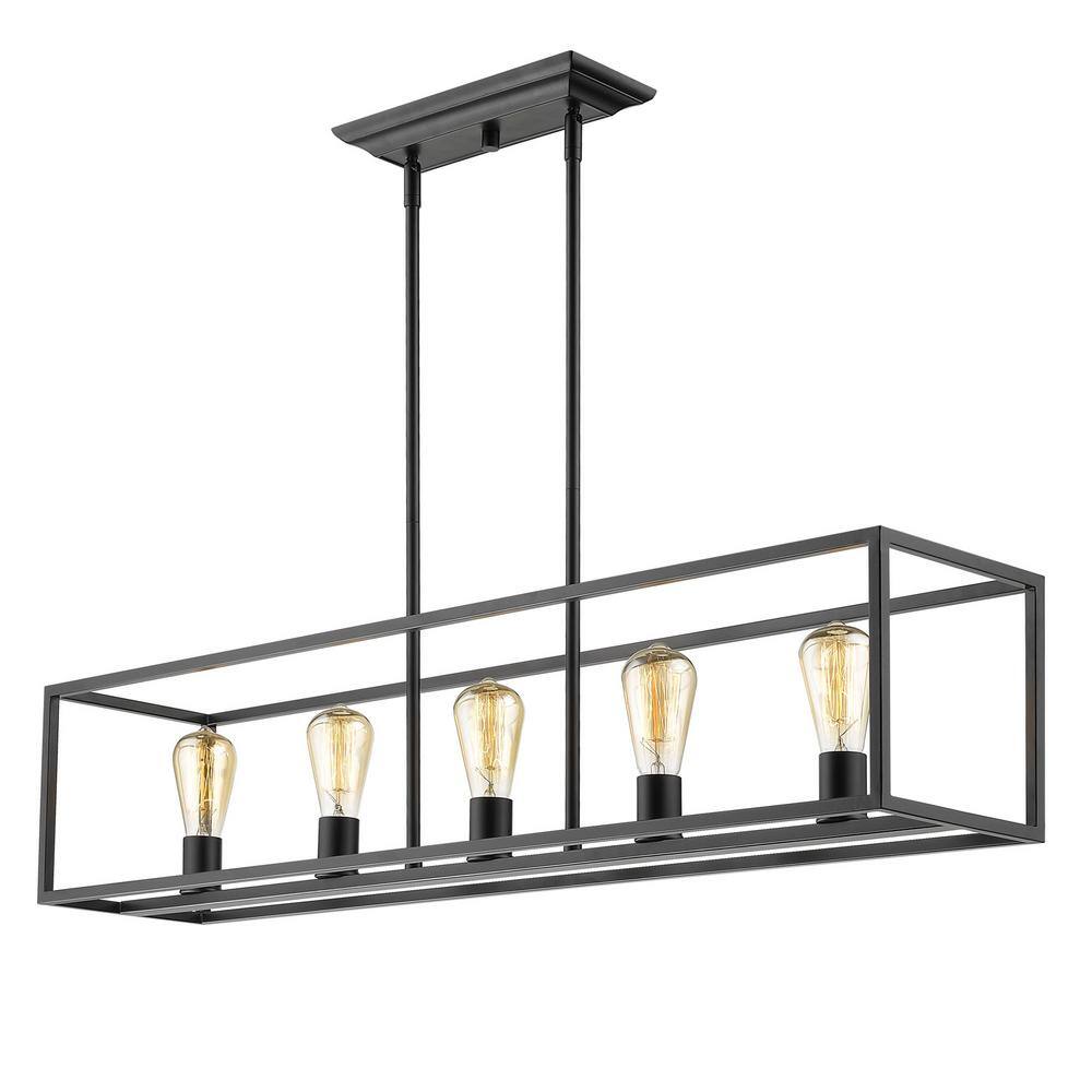 Black Industrial 5-Light Linear Pendant with Exposed Bulbs