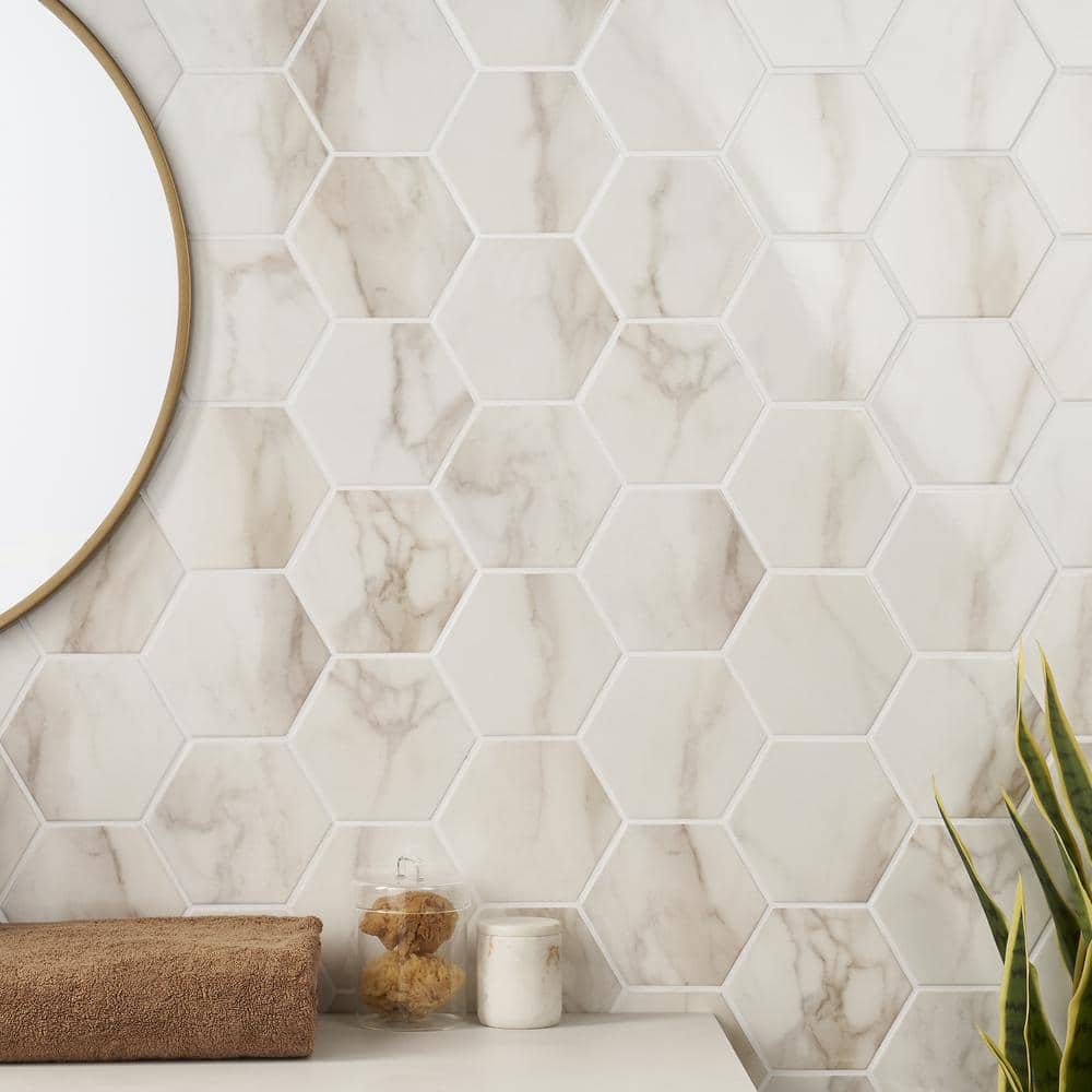 Santorini 6" Hexagon Polished Porcelain Marble-Look Tile