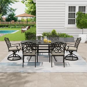 7-Piece Black Cast Aluminum Outdoor Dining Set with Elliptical Table 4 Dining Chairs 2 Swivel Rockers Cushion (Seat 6)