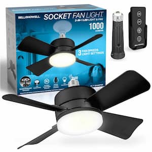 Socket Fan 15.7 in. Indoor Black Socket Warm Light Ceiling Fan with Remote