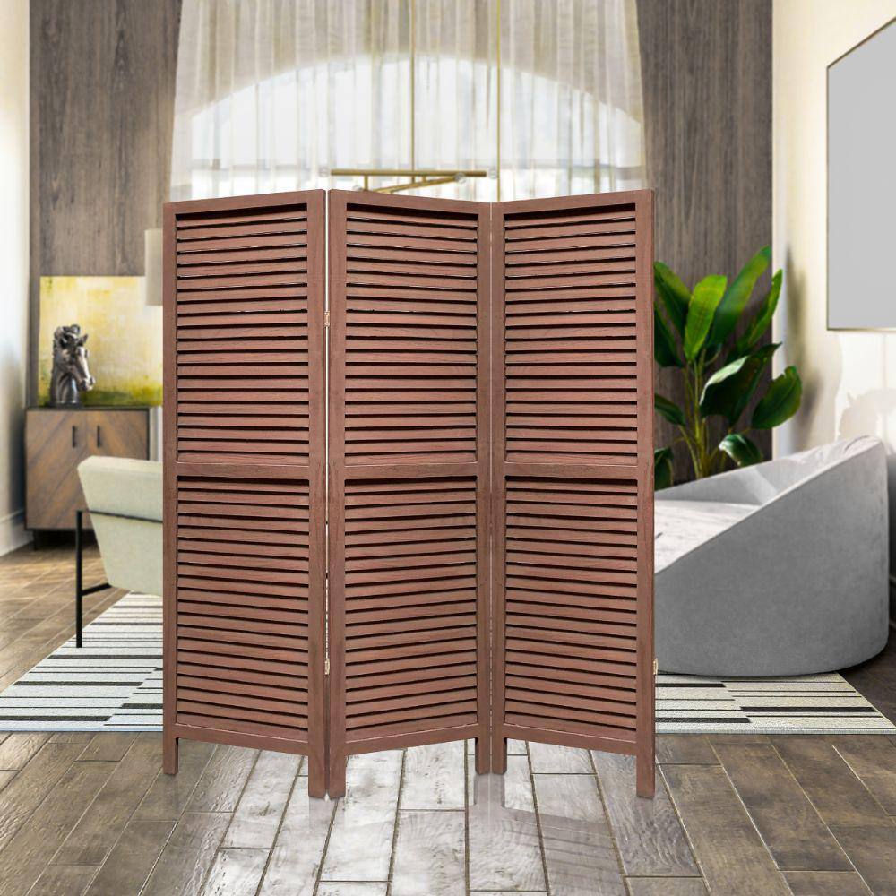 Benjara 67 in. Washed Brown 3-Panel Shutter Screen Room Divider with ...