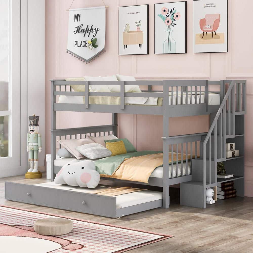 Harper & Bright Designs Gray Full Over Full Bunk Bed with Twin Size ...
