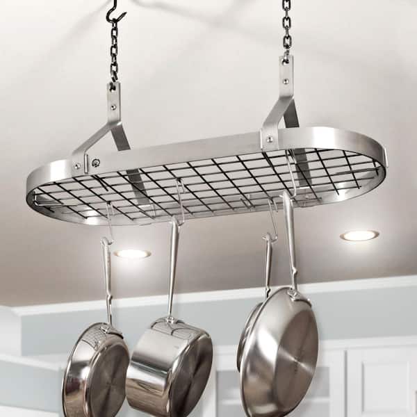 Handcrafted Stainless Steel Contemporary Ceiling Hanging Pot Rack with 12-Hooks