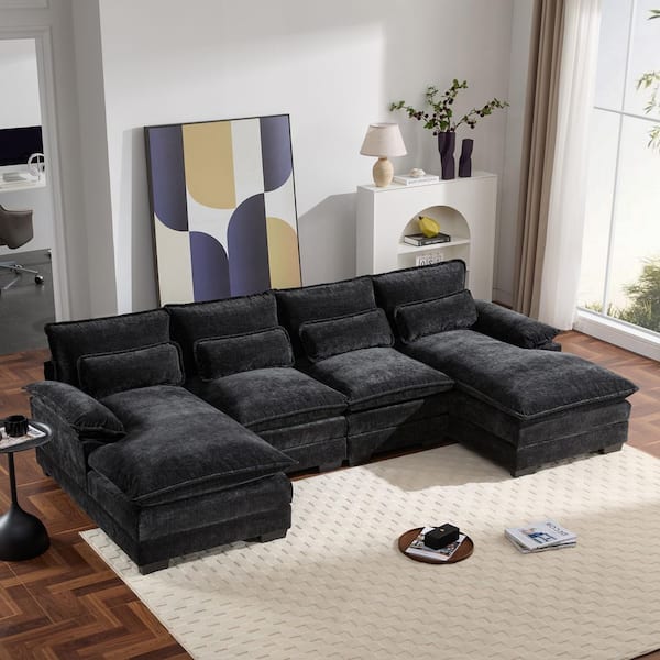 Harper & Bright Designs 110 in. W Flared Arm Modern U Shaped Soft Chenille Sectional Sofa in Black with Waist Pillows