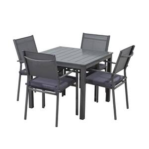 5-Piece Aluminum Frame Rectangular Outdoor Dining Set with Gray Cushion and Textilene Backrest