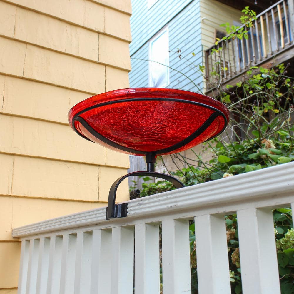 Red Crackle Glass Birdbath with Over Rail Bracket
