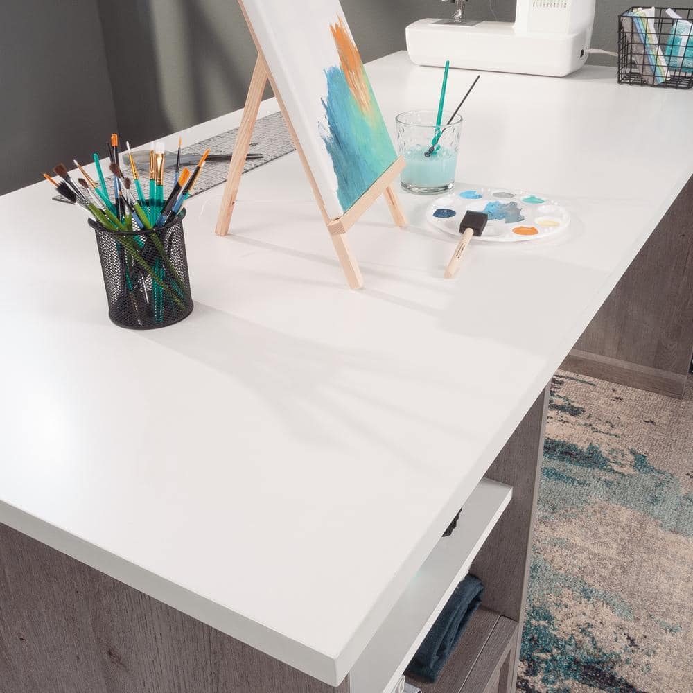 Mystic Oak and White Craft Table with Drawer and Power Outlet