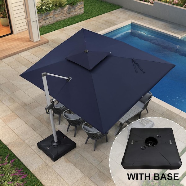 PURPLE LEAF 9 ft. x 12 ft. High-Quality Aluminum Cantilever Polyester Outdoor Patio Umbrella with Base, Navy Blue