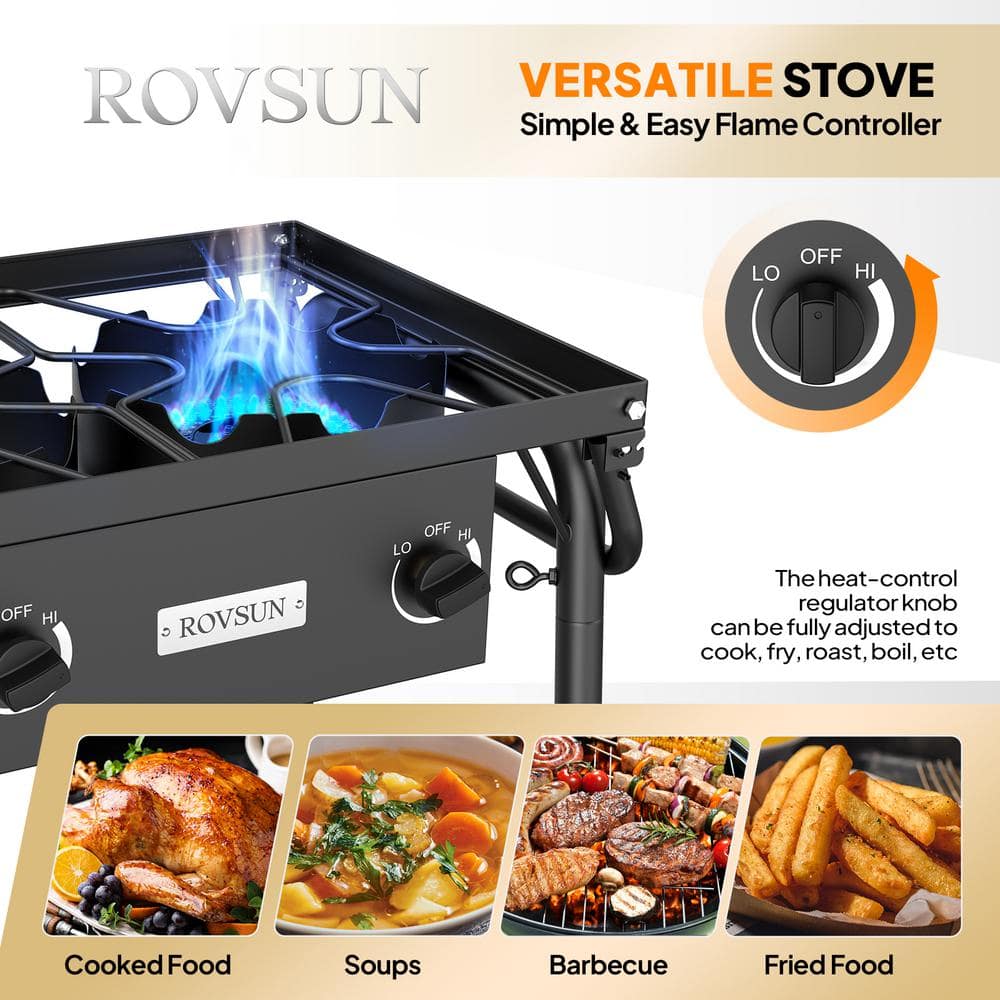 ROVSUN 3-Burner Black Cast Iron Outdoor Propane Stove with Side Shelves
