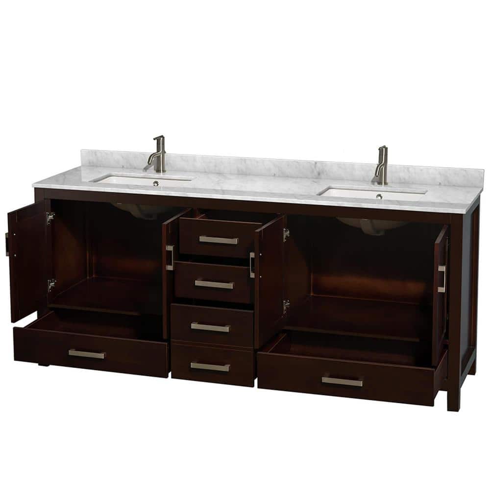 Espresso and White Carrera Marble Double Bathroom Vanity
