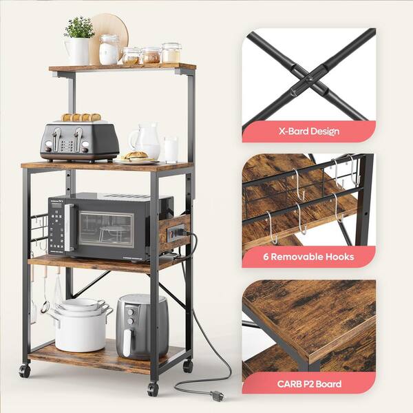 Bestier 3-Tier Baker's Rack with Cabinet, Kitchen Storage Shelves,  Microwave Oven Stand, Coffee Bar with Hooks in Rustic