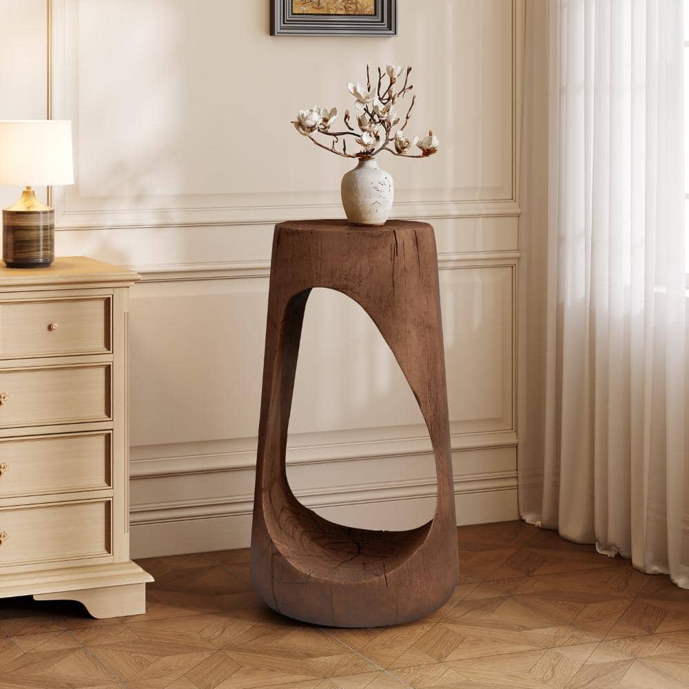 26.5 in. Brown Round Outdoor Side Table Hollow MGO Patio End Table with Wood-Grain Finish, Weather Resistant