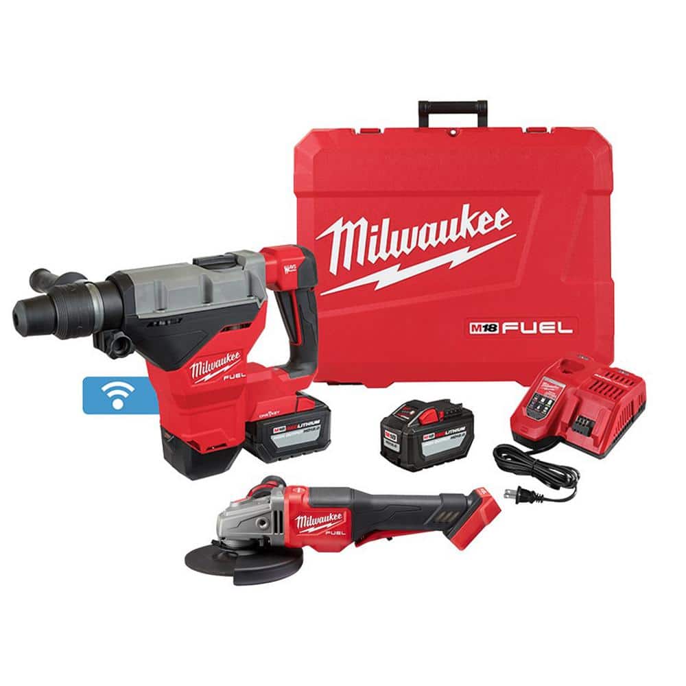 Milwaukee M18 FUEL ONE-KEY 18-Volt Li-Ion Brushless Cordless 1-3/4 in. SDS-MAX Rotary Hammer Kit w/Two 12.0 Ah Batteries & Grinder -  2718-22HD-2980